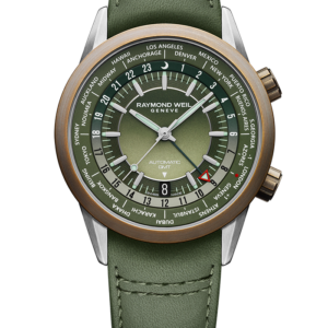 Raymond Weil Freelancer Men's GMT Worldtimer Green Leather Watch, 41mm